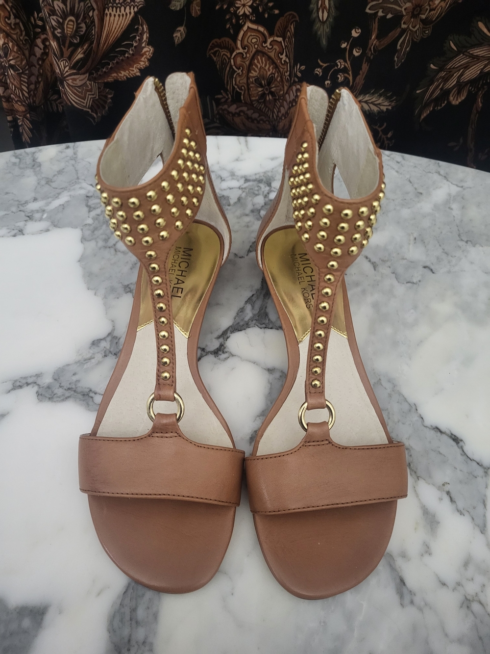 Michael Kors Tan T-Strap Sandals with Gold Studs